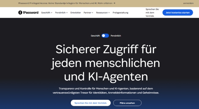 Startseite von 1Password mit sicherem Zugriff für Menschen und KI-Agenten.