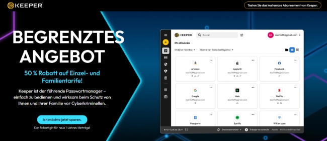 Keeper Passwortmanager mit übersichtlicher Darstellung gespeicherter Online-Konten.