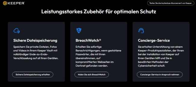 Keeper-Funktionen für Dateispeicherung, Passwortüberwachung und persönlichen Support.