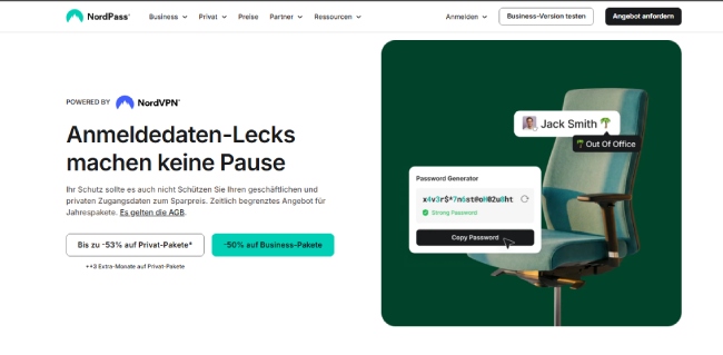 NordPass Passwortgenerator neben einem leeren Bürostuhl.